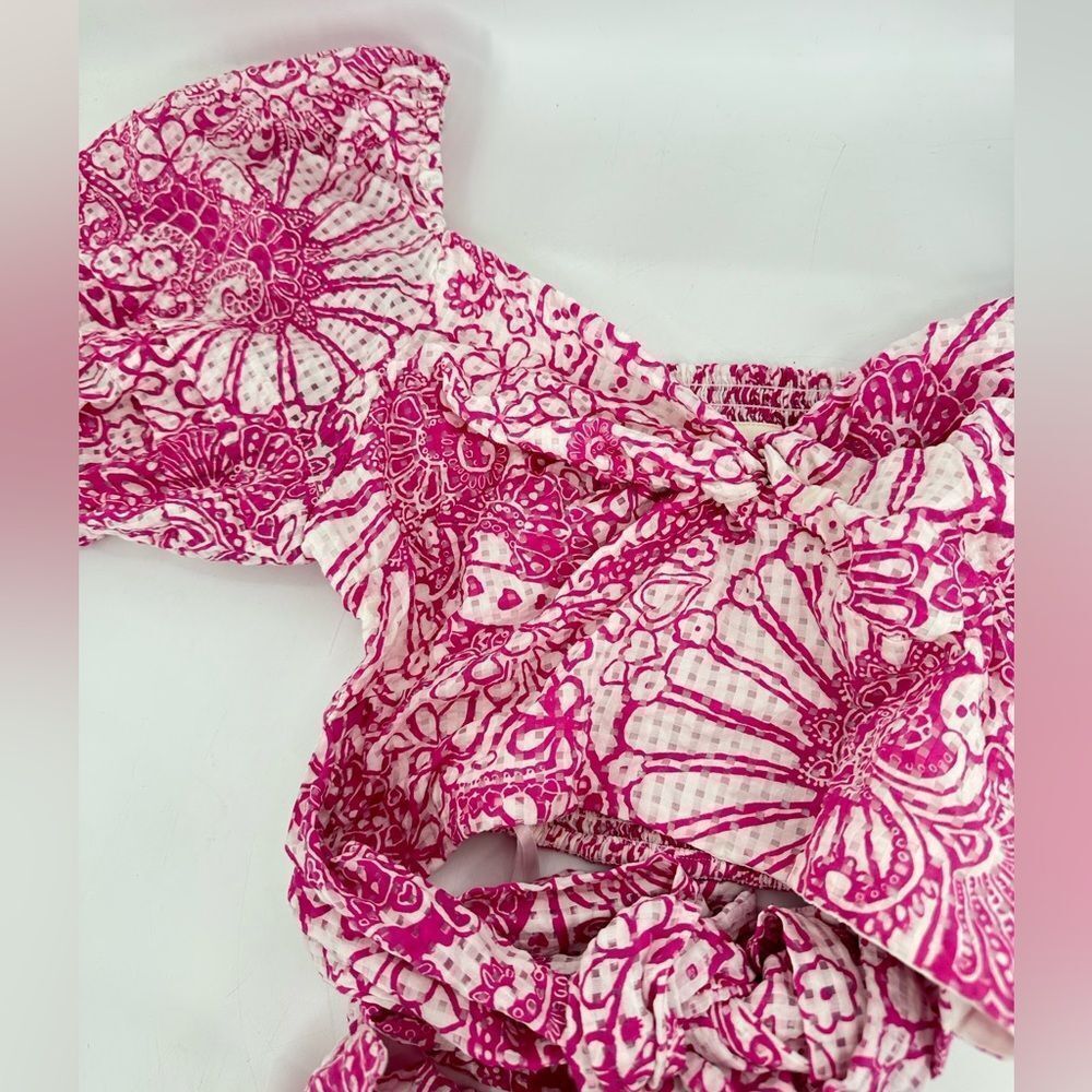 Anthropologie Pink & White Printed Puff-Sleeve Cropped Top - Picture 5 of 10